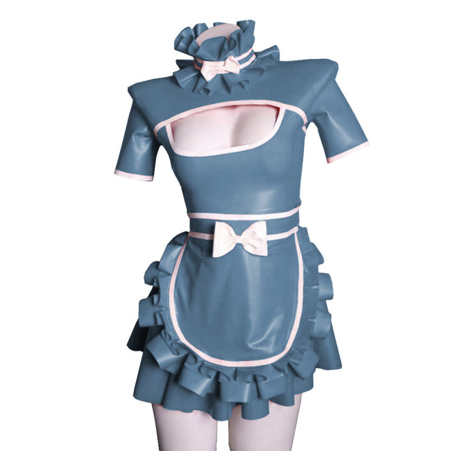 Exotic Sexy Lolita Cosplay Maid Dress Uniforms Hollow Deep U Neck Short Sleeves Ruffled Hem Dress PVC Wetlook  A-line with Apron