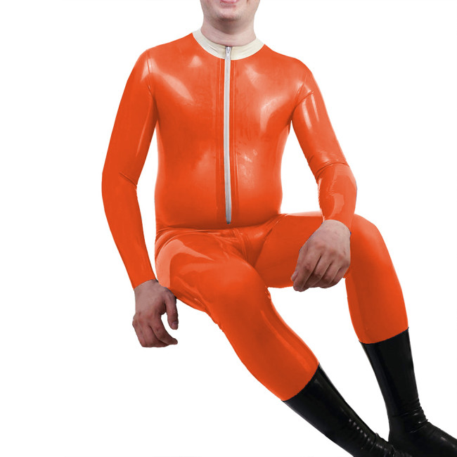 Mens Mock Neck Jumpsuit Sexy Front Zipper Adult Vinyl PVC Leather Jumpsuit Nightclub Long Sleeve Male Catsuit Fetish Costume 7XL