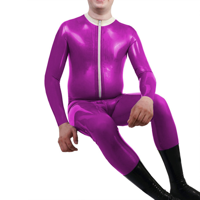 Mens Mock Neck Jumpsuit Sexy Front Zipper Adult Vinyl PVC Leather Jumpsuit Nightclub Long Sleeve Male Catsuit Fetish Costume 7XL