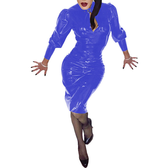 Women Long Sleeve Shiny Bodycon Knee-length Dress Sexy Wetlook PVC Leather Party Club Evening Dress Fashion Candy Color Vestidos
