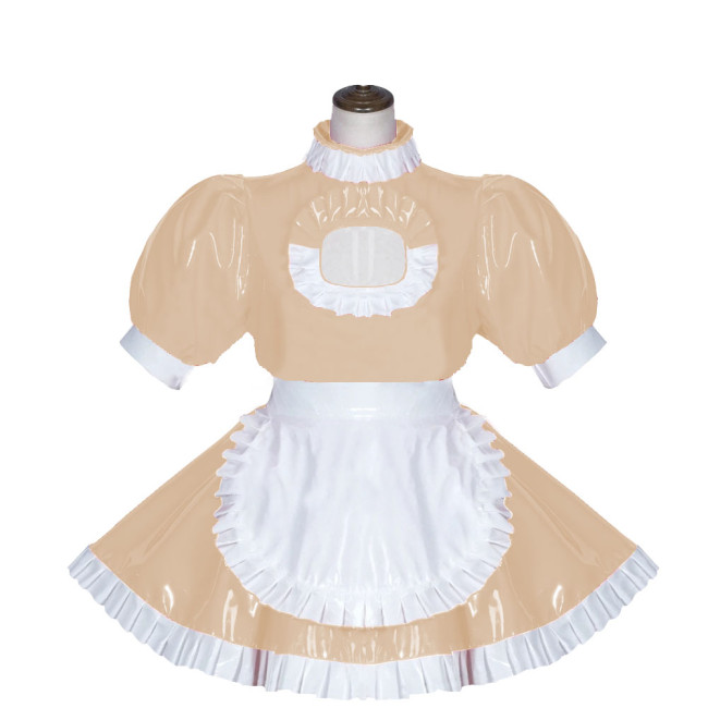 Sexy Maid Dress Shiny PVC Clubwear Turtleneck Short Sleeve Ruffled A-Line Dress with Apron Lockable Back Zipper Cosplay Outfit