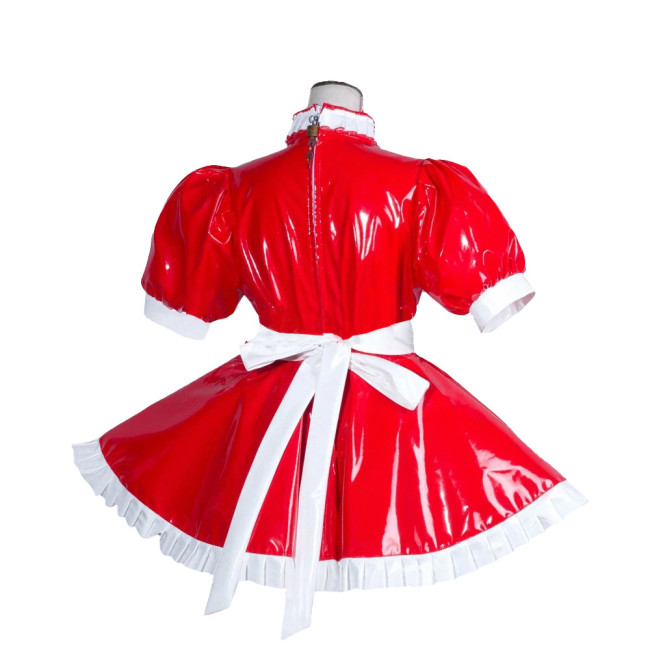 Sexy Maid Dress Shiny PVC Clubwear Turtleneck Short Sleeve Ruffled A-Line Dress with Apron Lockable Back Zipper Cosplay Outfit