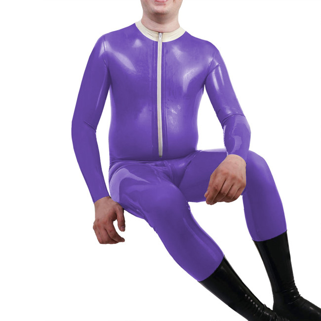Mens Mock Neck Jumpsuit Sexy Front Zipper Adult Vinyl PVC Leather Jumpsuit Nightclub Long Sleeve Male Catsuit Fetish Costume 7XL