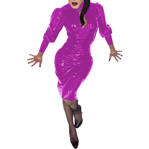 Women Long Sleeve Shiny Bodycon Knee-length Dress Sexy Wetlook PVC Leather Party Club Evening Dress Fashion Candy Color Vestidos