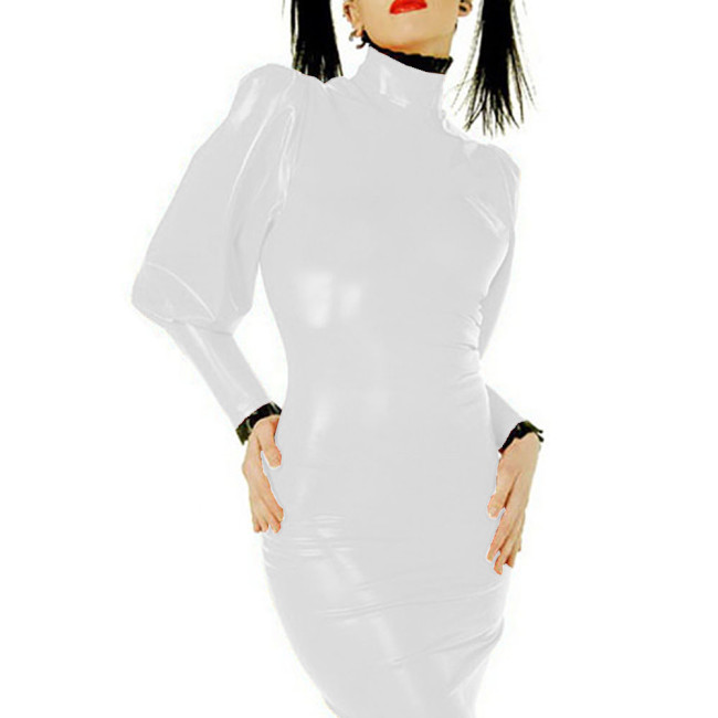 Fashionable Long Sleeve Mini Short Female Bodycon Dress High Neck Lockable Pencil Dress Clubwear Back Zipper PU Leather Clothing
