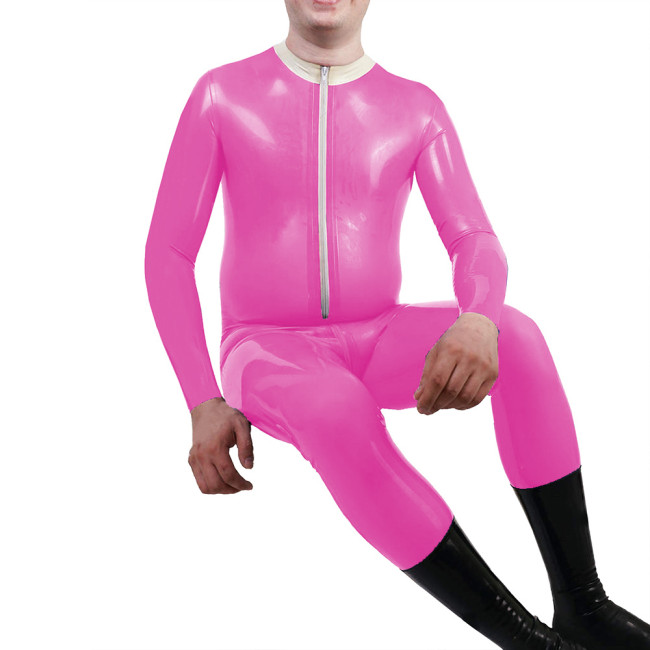 Mens Mock Neck Jumpsuit Sexy Front Zipper Adult Vinyl PVC Leather Jumpsuit Nightclub Long Sleeve Male Catsuit Fetish Costume 7XL