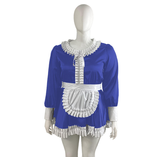 Plus Size Satin Ruffles Collar Mini Maid Dress with Apron Sissy Long Sleeve A-line French Maid Unforms Halloween Cosplay Outfits