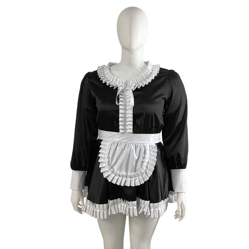 Plus Size Satin Ruffles Collar Mini Maid Dress with Apron Sissy Long Sleeve A-line French Maid Unforms Halloween Cosplay Outfits