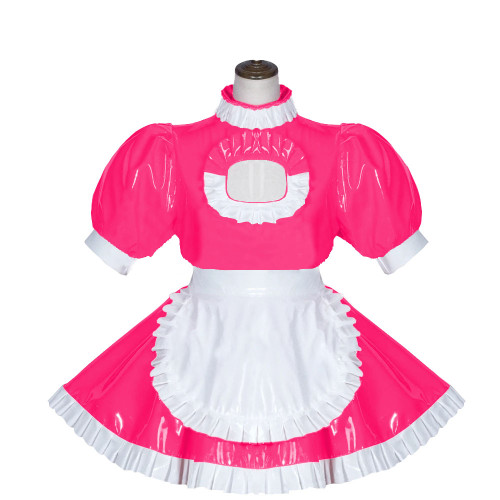 Sexy Maid Dress Shiny PVC Clubwear Turtleneck Short Sleeve Ruffled A-Line Dress with Apron Lockable Back Zipper Cosplay Outfit