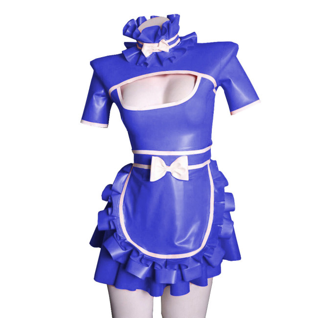 Exotic Sexy Lolita Cosplay Maid Dress Uniforms Hollow Deep U Neck Short Sleeves Ruffled Hem Dress PVC Wetlook  A-line with Apron