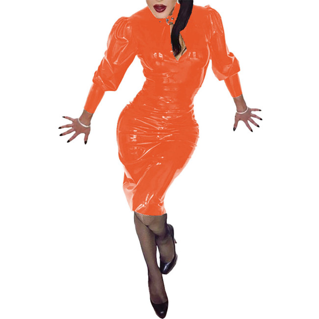 Women Long Sleeve Shiny Bodycon Knee-length Dress Sexy Wetlook PVC Leather Party Club Evening Dress Fashion Candy Color Vestidos