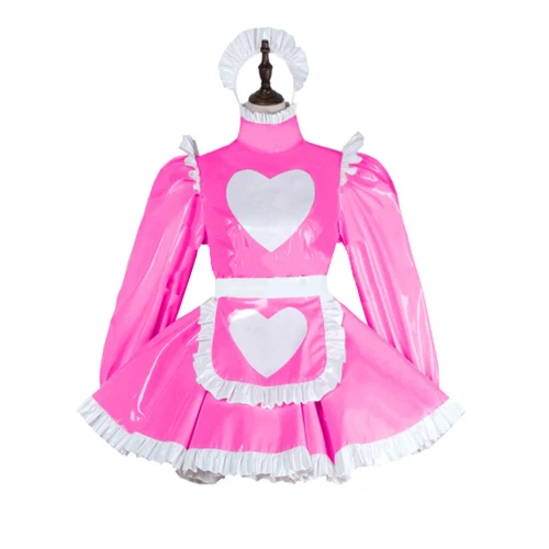Plus Size Leather PVC Love Lovely Maid Mini Dress Lolita Long Sleeve A-line Dress With Apron Halloween Valentine Cosplay Costume