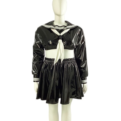 Wet PVC Leather Long Sleeve Student Cosplay Costumes Halloween Role Play Plus Size Sailor Uniform Sailor Suit Two Piece Sets