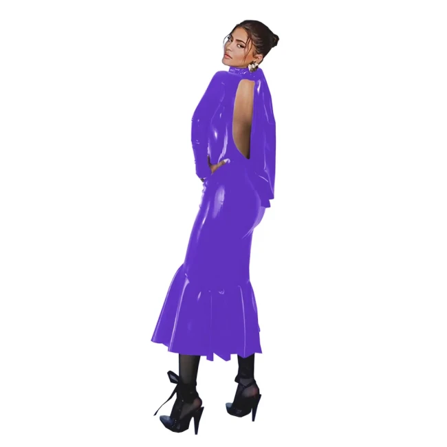 Wetlook PVC Bodycon Midi Mermaid Dress Party Long Sleeve Shiny Leather Backless Long Gown Dresses for Women Plus Size Clothing