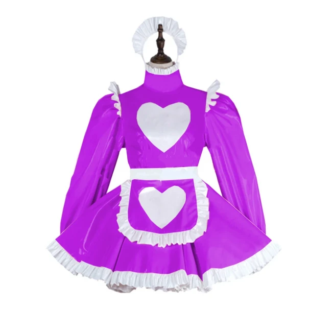 Plus Size Leather PVC Love Lovely Maid Mini Dress Lolita Long Sleeve A-line Dress With Apron Halloween Valentine Cosplay Costume