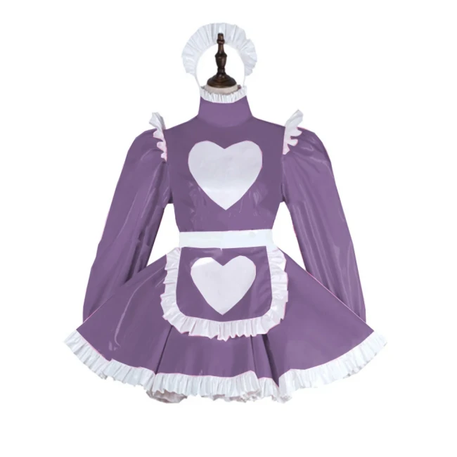 Plus Size Leather PVC Love Lovely Maid Mini Dress Lolita Long Sleeve A-line Dress With Apron Halloween Valentine Cosplay Costume