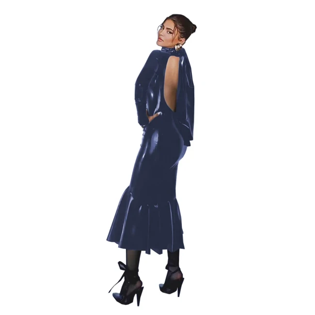 Wetlook PVC Bodycon Midi Mermaid Dress Party Long Sleeve Shiny Leather Backless Long Gown Dresses for Women Plus Size Clothing