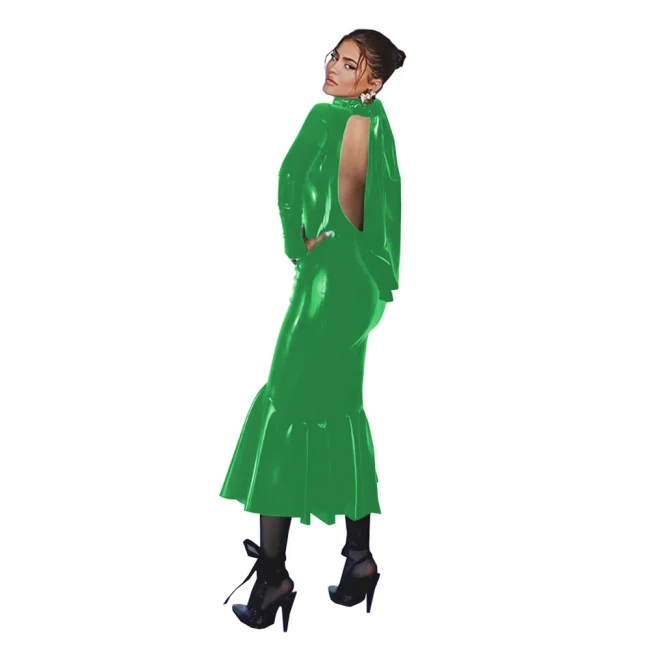 Wetlook PVC Bodycon Midi Mermaid Dress Party Long Sleeve Shiny Leather Backless Long Gown Dresses for Women Plus Size Clothing