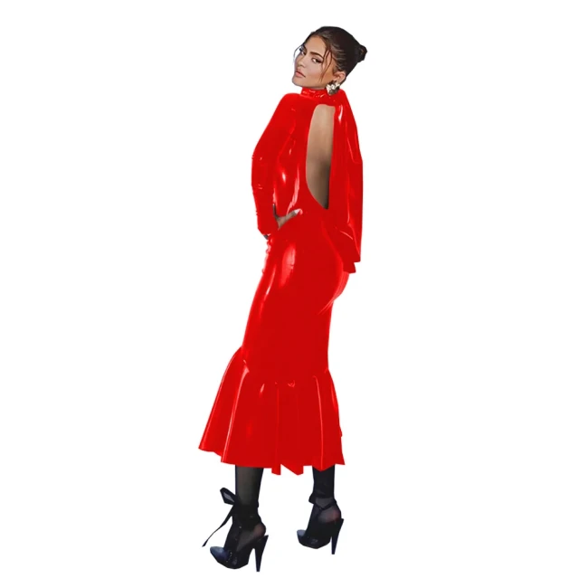 Wetlook PVC Bodycon Midi Mermaid Dress Party Long Sleeve Shiny Leather Backless Long Gown Dresses for Women Plus Size Clothing