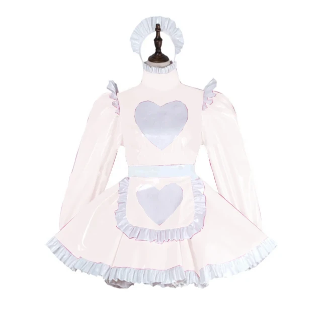 Plus Size Leather PVC Love Lovely Maid Mini Dress Lolita Long Sleeve A-line Dress With Apron Halloween Valentine Cosplay Costume