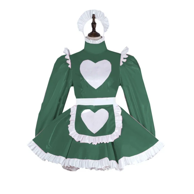 Plus Size Leather PVC Love Lovely Maid Mini Dress Lolita Long Sleeve A-line Dress With Apron Halloween Valentine Cosplay Costume