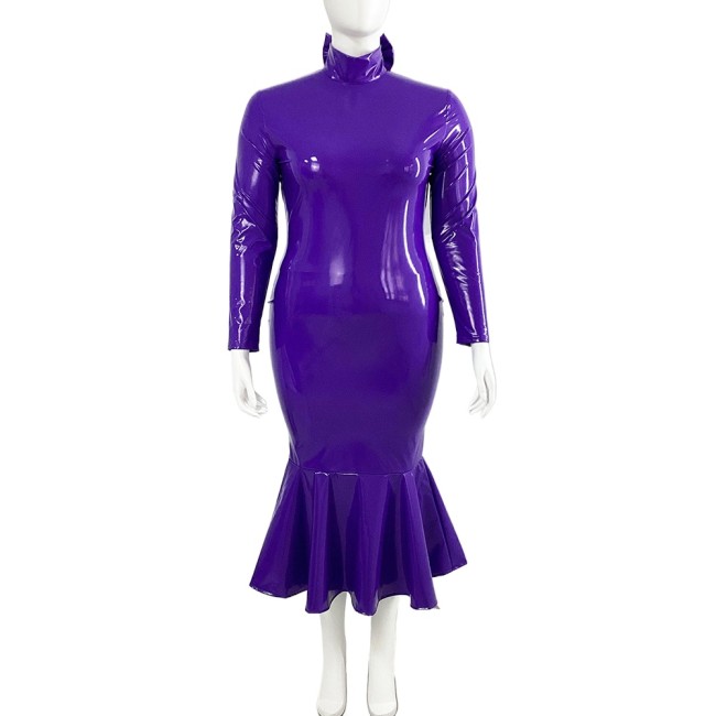 Wetlook PVC Bodycon Midi Mermaid Dress Party Long Sleeve Shiny Leather Backless Long Gown Dresses for Women Plus Size Clothing