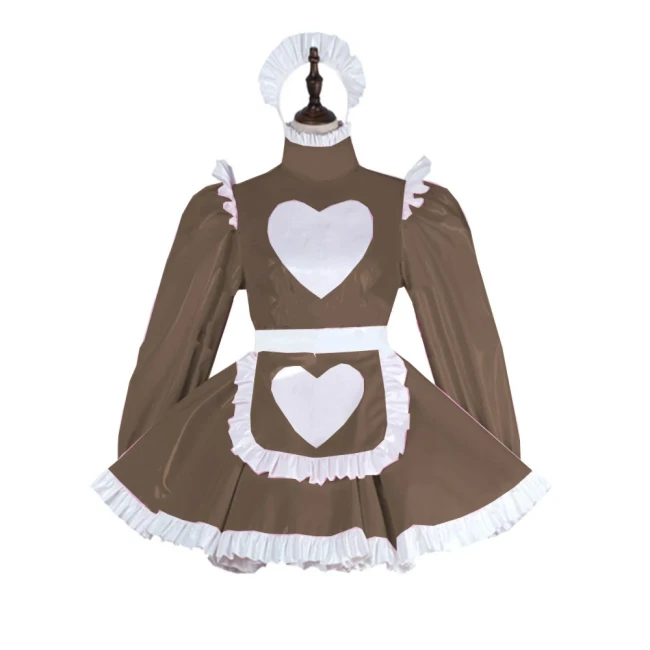 Plus Size Leather PVC Love Lovely Maid Mini Dress Lolita Long Sleeve A-line Dress With Apron Halloween Valentine Cosplay Costume