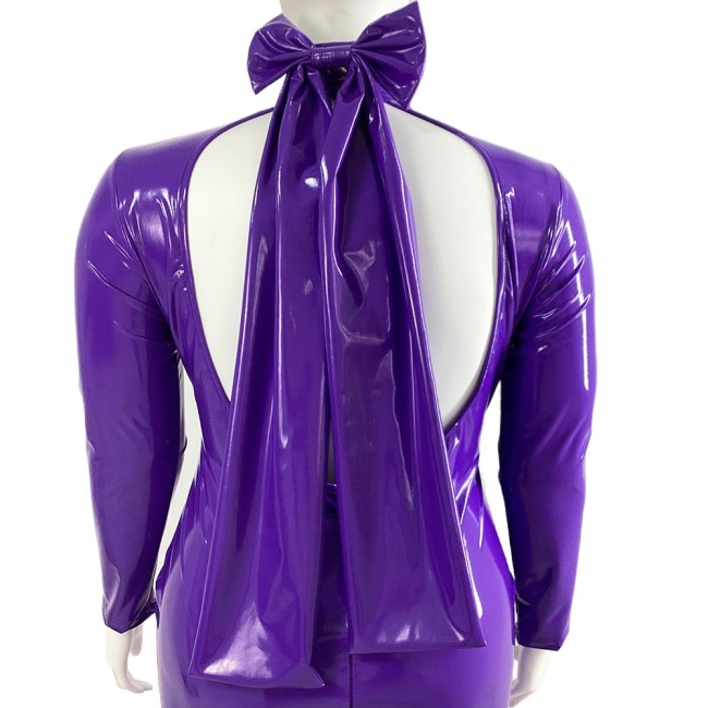 Wetlook PVC Bodycon Midi Mermaid Dress Party Long Sleeve Shiny Leather Backless Long Gown Dresses for Women Plus Size Clothing