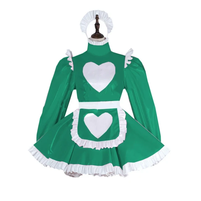 Plus Size Leather PVC Love Lovely Maid Mini Dress Lolita Long Sleeve A-line Dress With Apron Halloween Valentine Cosplay Costume