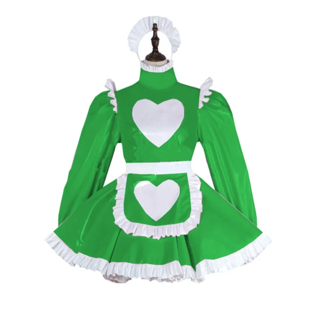 Plus Size Leather PVC Love Lovely Maid Mini Dress Lolita Long Sleeve A-line Dress With Apron Halloween Valentine Cosplay Costume