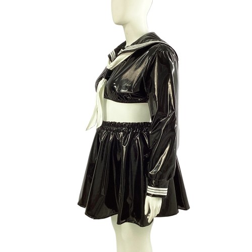 Wet PVC Leather Long Sleeve Student Cosplay Costumes Halloween Role Play Plus Size Sailor Uniform Sailor Suit Two Piece Sets