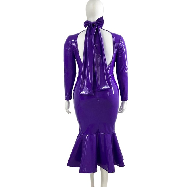 Wetlook PVC Bodycon Midi Mermaid Dress Party Long Sleeve Shiny Leather Backless Long Gown Dresses for Women Plus Size Clothing