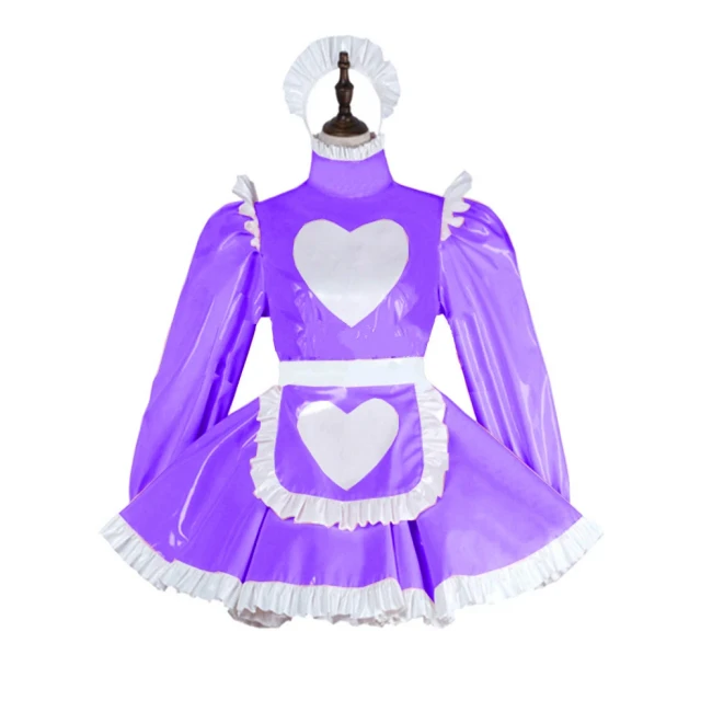 Plus Size Leather PVC Love Lovely Maid Mini Dress Lolita Long Sleeve A-line Dress With Apron Halloween Valentine Cosplay Costume