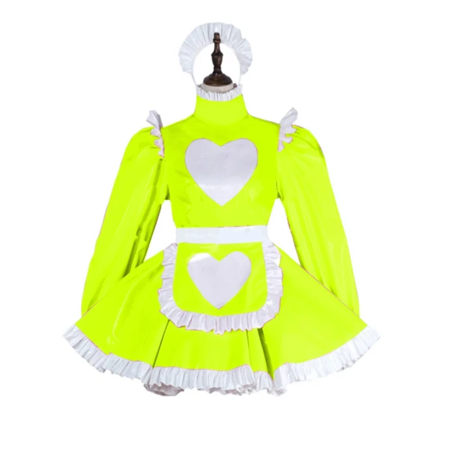 Plus Size Leather PVC Love Lovely Maid Mini Dress Lolita Long Sleeve A-line Dress With Apron Halloween Valentine Cosplay Costume