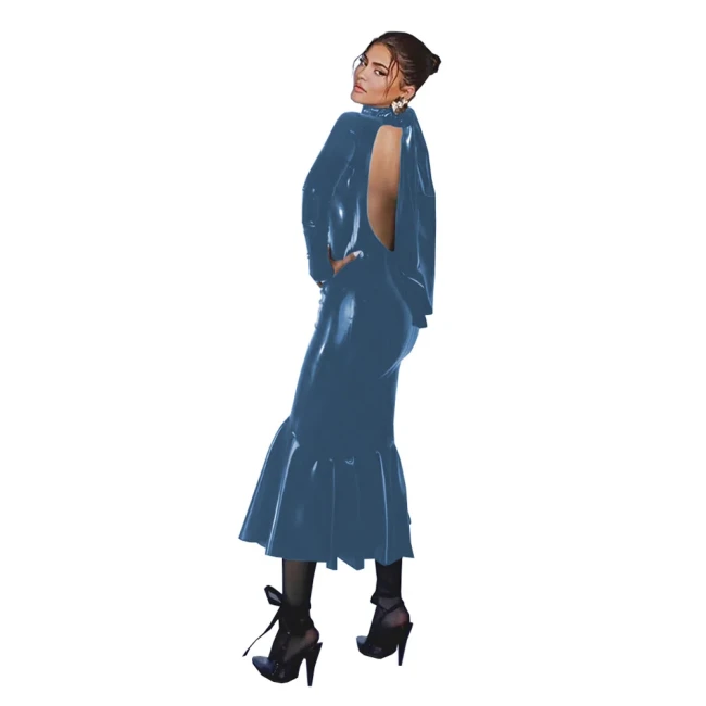 Wetlook PVC Bodycon Midi Mermaid Dress Party Long Sleeve Shiny Leather Backless Long Gown Dresses for Women Plus Size Clothing
