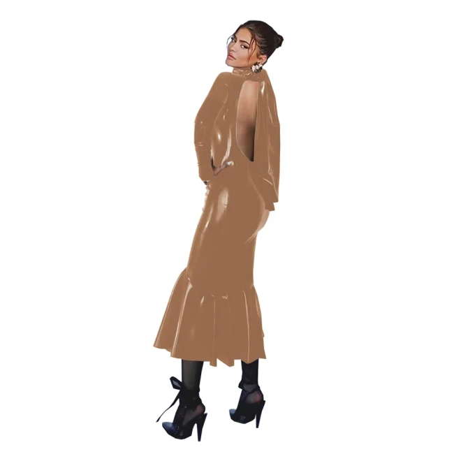 Wetlook PVC Bodycon Midi Mermaid Dress Party Long Sleeve Shiny Leather Backless Long Gown Dresses for Women Plus Size Clothing