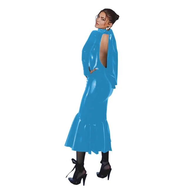 Wetlook PVC Bodycon Midi Mermaid Dress Party Long Sleeve Shiny Leather Backless Long Gown Dresses for Women Plus Size Clothing