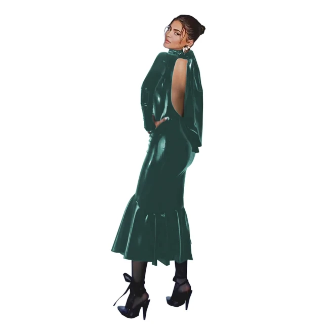 Wetlook PVC Bodycon Midi Mermaid Dress Party Long Sleeve Shiny Leather Backless Long Gown Dresses for Women Plus Size Clothing