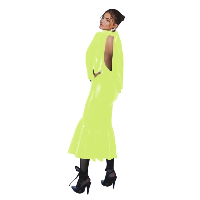 Wetlook PVC Bodycon Midi Mermaid Dress Party Long Sleeve Shiny Leather Backless Long Gown Dresses for Women Plus Size Clothing