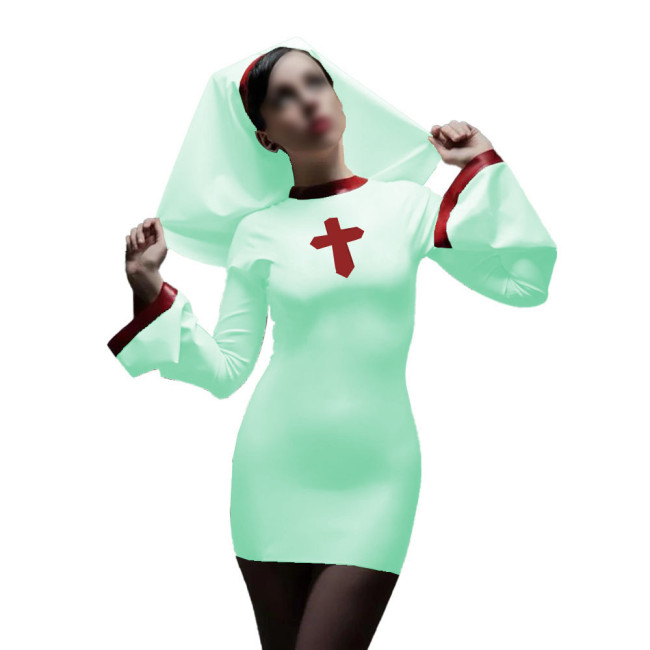 Long Sleeve Sister Uniform Sexy Vinyl PVC Leather Nun Dress with Headgear Halloween Cosplay Costumes Fancy Dress Up 7XL