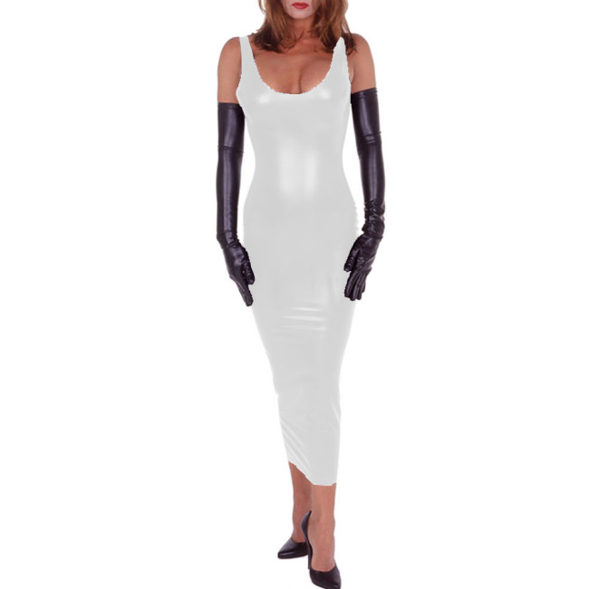 PU Leather Deep Scoop Neck Sexy Pencil Dress Sheeveless Slim Fitting Stretch Mid-Calf Hobble Long Dress Birthday Dresses Clothes