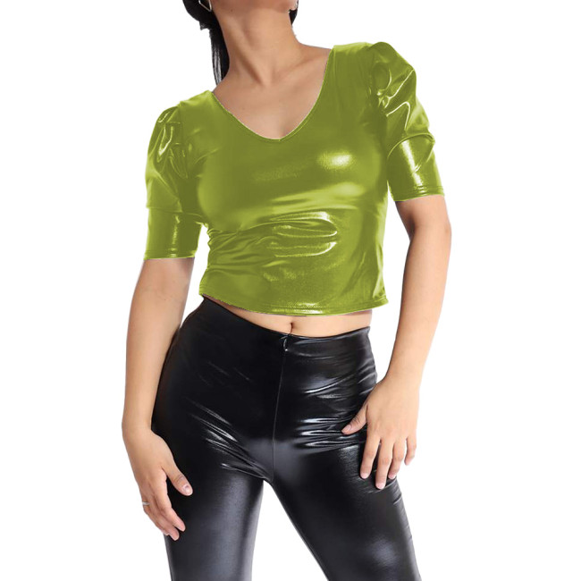 Summer Women Synthetic leather-like top Half Sleeves V-neck Midriff-baring Female Fashion Clubwear Tight Casual Slim T-Shirt