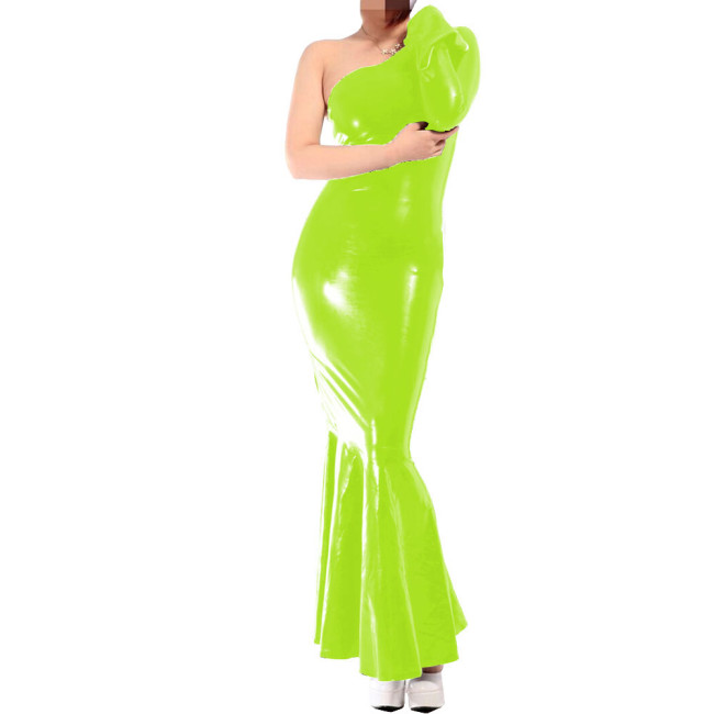 Sexy One Shoulder White Dress Glossy Vinyl Leather PVC Mermaid Long Evening Dresses Bodycon Maxi Dress Party Clubwear Vestidos