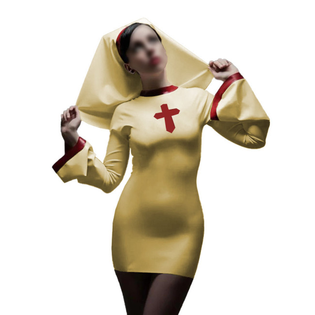Long Sleeve Sister Uniform Sexy Vinyl PVC Leather Nun Dress with Headgear Halloween Cosplay Costumes Fancy Dress Up 7XL