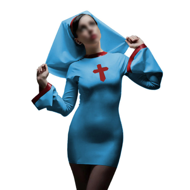 Long Sleeve Sister Uniform Sexy Vinyl PVC Leather Nun Dress with Headgear Halloween Cosplay Costumes Fancy Dress Up 7XL