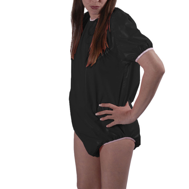 Women Wetlook PVC Playsuit Sexy Scoop Neck Short Sleeves Nightclub Bodysuit Glossy Faux Leather Nightclub Loose Rompers S-7XL