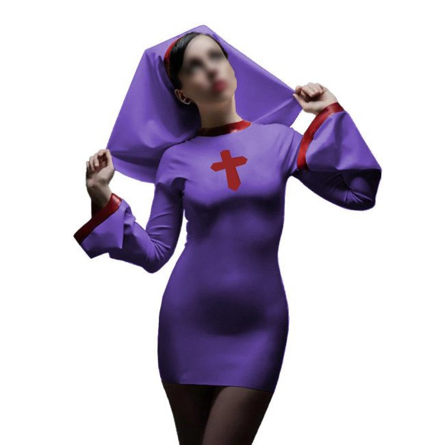 Long Sleeve Sister Uniform Sexy Vinyl PVC Leather Nun Dress with Headgear Halloween Cosplay Costumes Fancy Dress Up 7XL