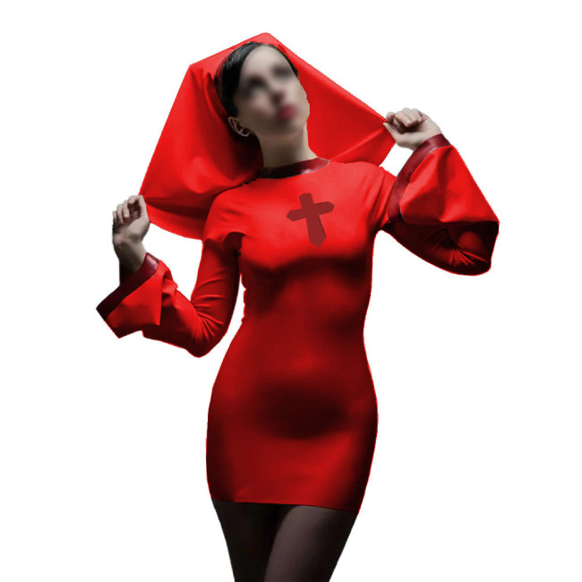 Long Sleeve Sister Uniform Sexy Vinyl PVC Leather Nun Dress with Headgear Halloween Cosplay Costumes Fancy Dress Up 7XL