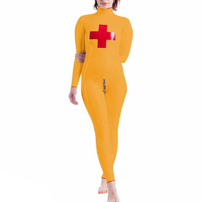 High Neck Nun Cosplay Jumpsuits Long Sleeve Lockable Catsuit Glossy PVC Leather Full Body Unisex  Halloween Costume Suit
