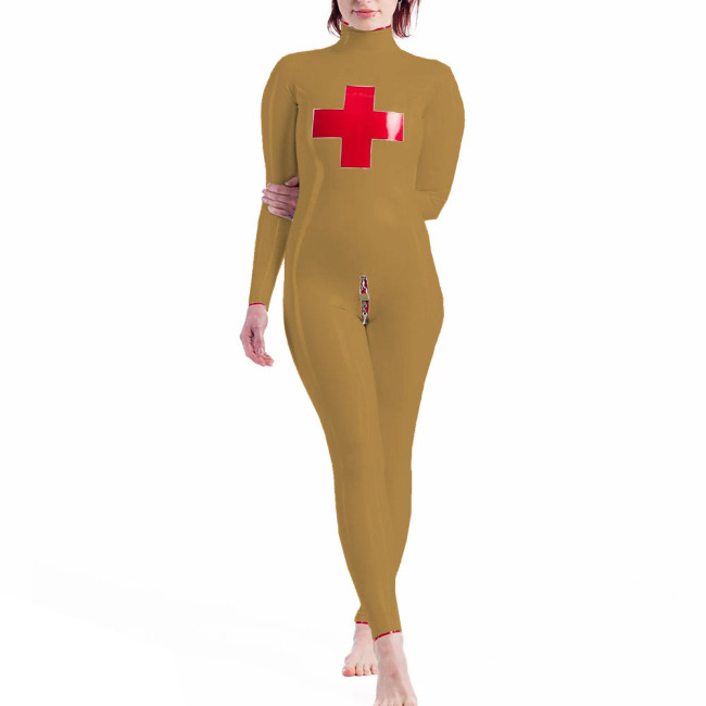 High Neck Nun Cosplay Jumpsuits Long Sleeve Lockable Catsuit Glossy PVC Leather Full Body Unisex  Halloween Costume Suit